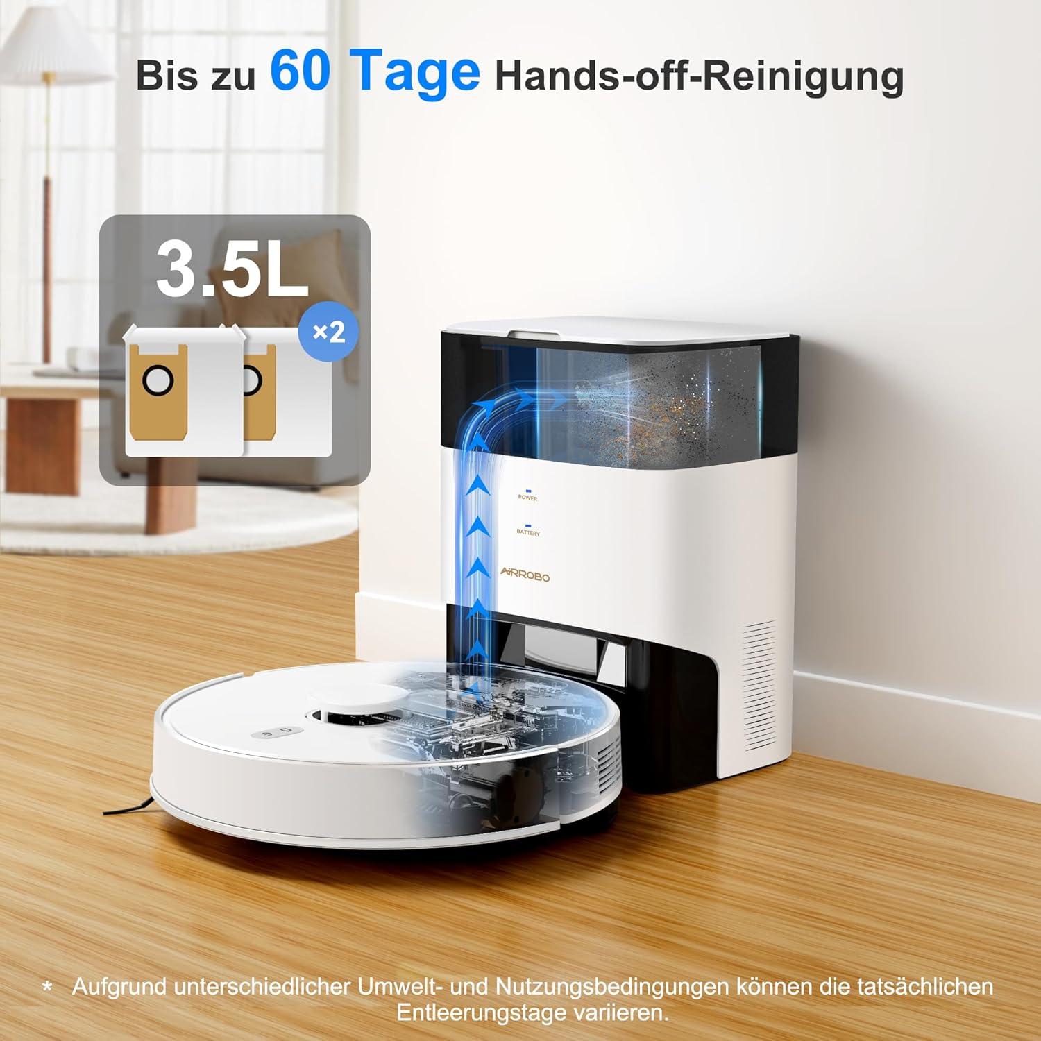AIRROBO Saugroboter mit Wischfunktion, 3.5L Staubsauger Roboter mit Absaugstation, 180Min Laufzeit, LiDAR Navigation, Starker Saugkraft, Automatischer Entleerung, App-Steuerung
