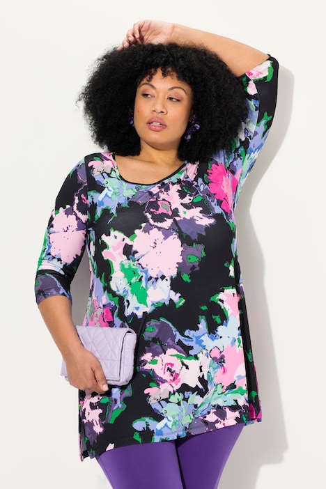 Longshirt, Blütenmuster, A-Linie, Rundhals, 3/4-Arm