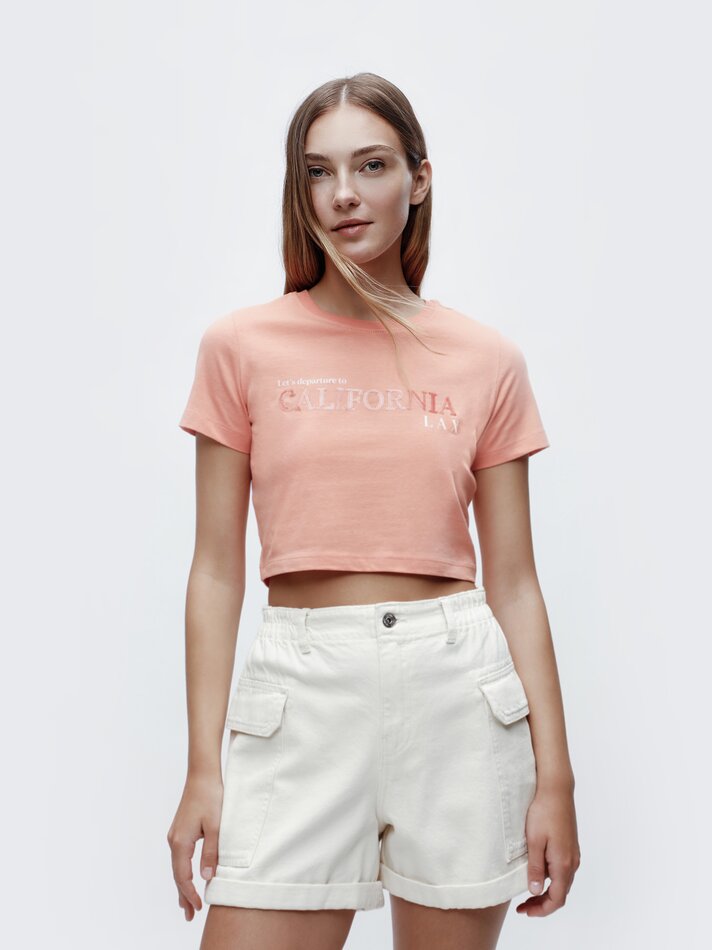 Camiseta cropped de lantejoulas - Gerânio