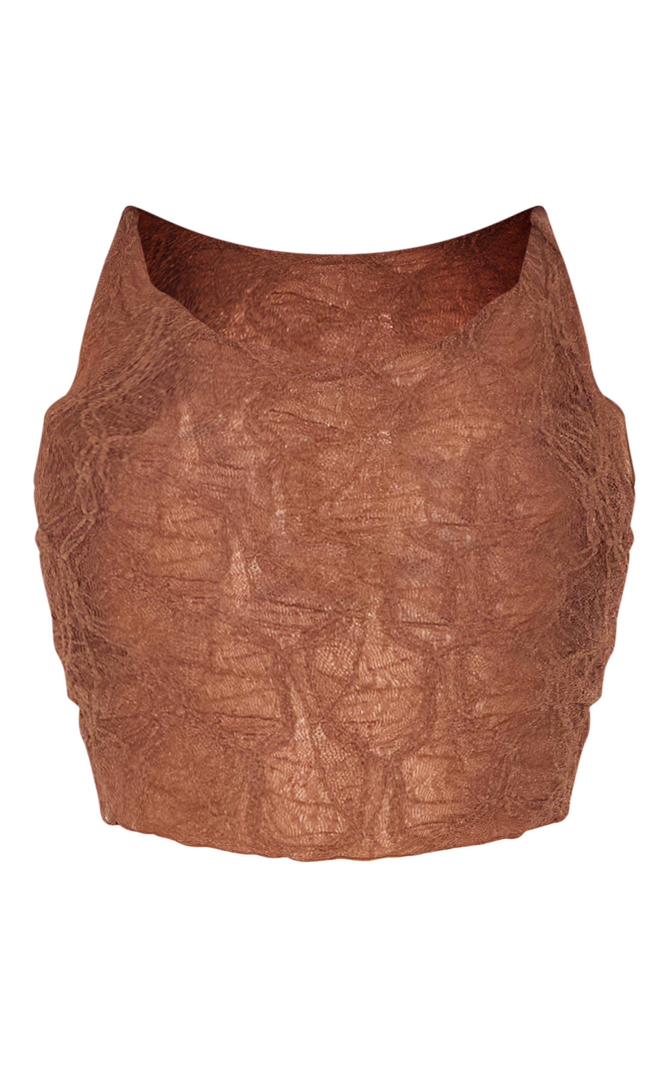 Chocolat Haut De Plage Asymétrique En Mesh Texturé Avec Détail Noué