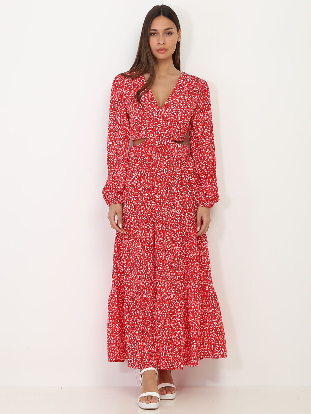 Robe longue fleurie à découpes- Rouge