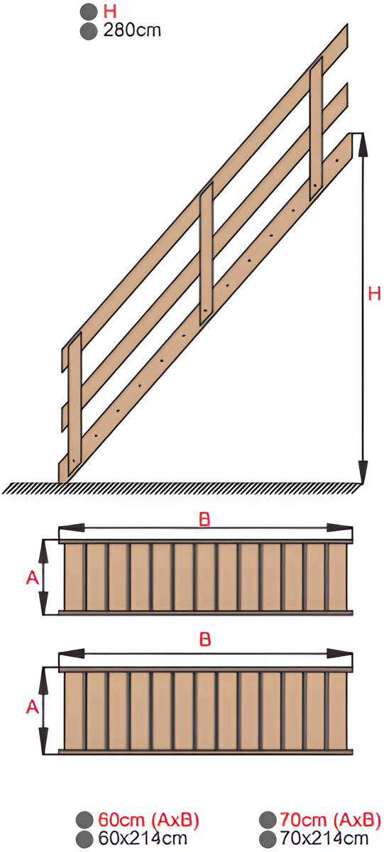 HandyStairs “Rustic60” rechte trap – 60 cm breed – hoogte 280 cm – 13 treden van grenenhout (30 mm)