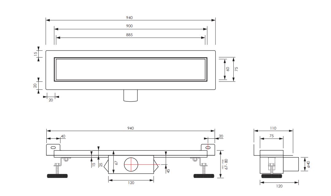 Brauer douchegoot 90x7cm met multifunctioneel rooster en muurflens geborsteld koper PVD