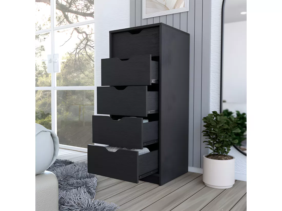 Commode Basilea en mélamine avec 5 tiroirs avec rail en métal, 107.8 cm X 45 cm X 41.3 cm , Noir