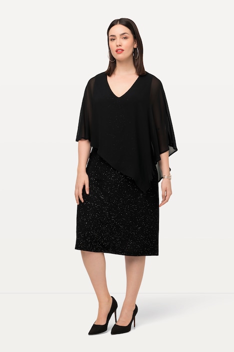 Kleid, doppellagig, Chiffon-Cape, V-Ausschnitt, 3/4-Arm