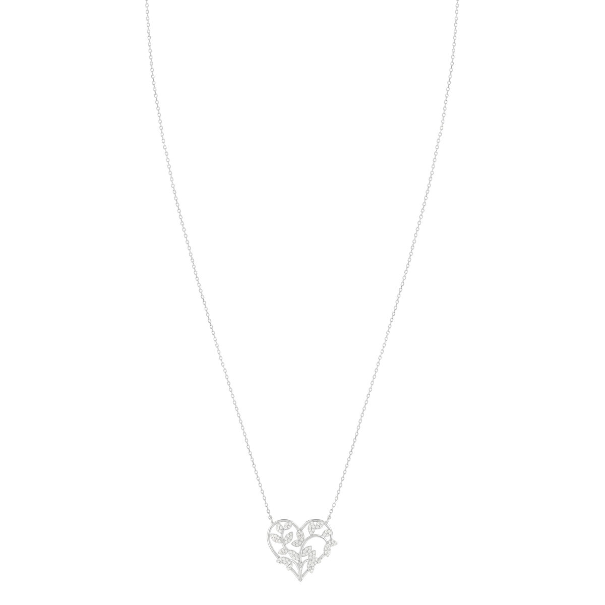 Collier argent 925 coeur feuillage zirconias 45 cm