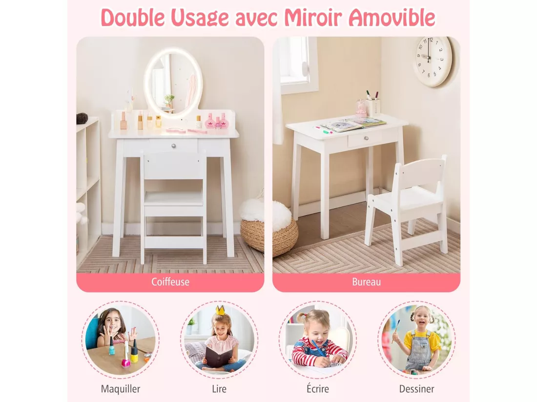 2 en 1 Coiffeuse Enfants avec Tabouret & Miroir Amovible, Table de Maquillage avec Tiroir & Organisateur en Forme Arbre, Dispositif Anti-basculement, Charge 50kg pour Enfants de 3-8 Ans