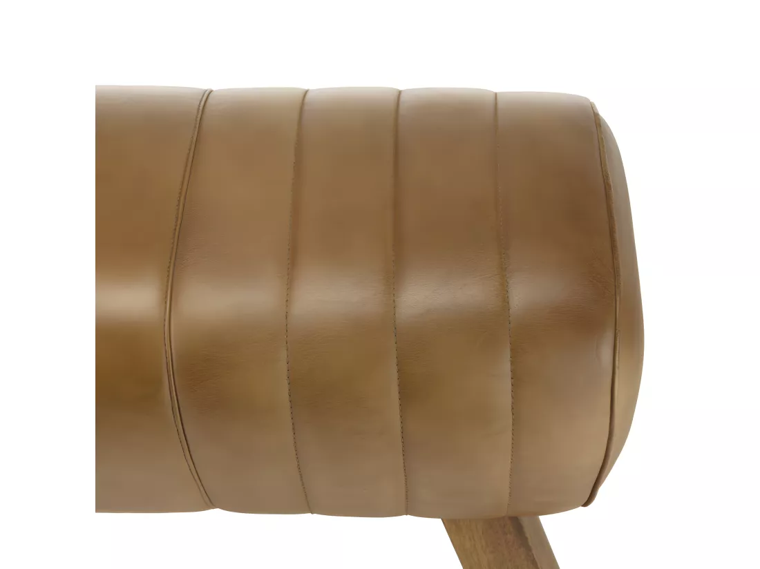 MARCEL - Banc matelassé cuir marron pieds inclinés en bois de manguier