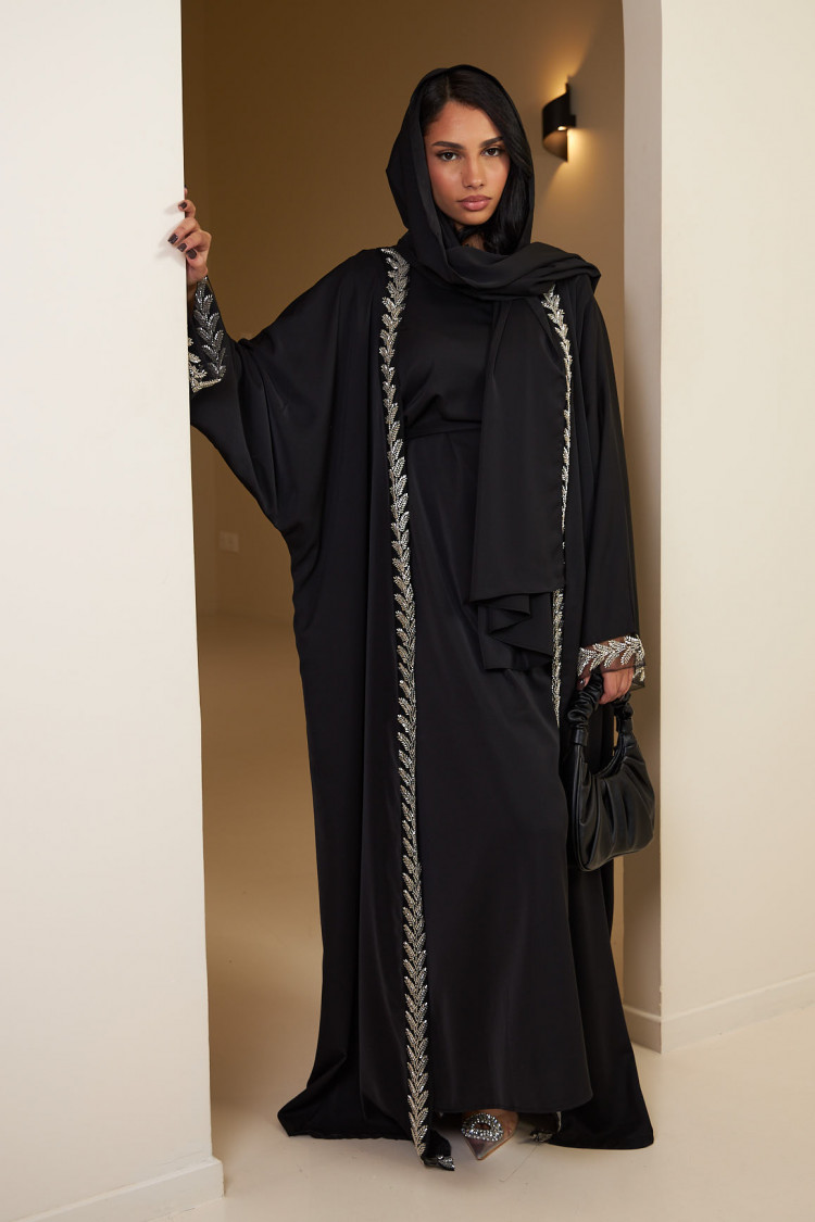 Ensemble 3 pièces abaya + gilet + voile noir