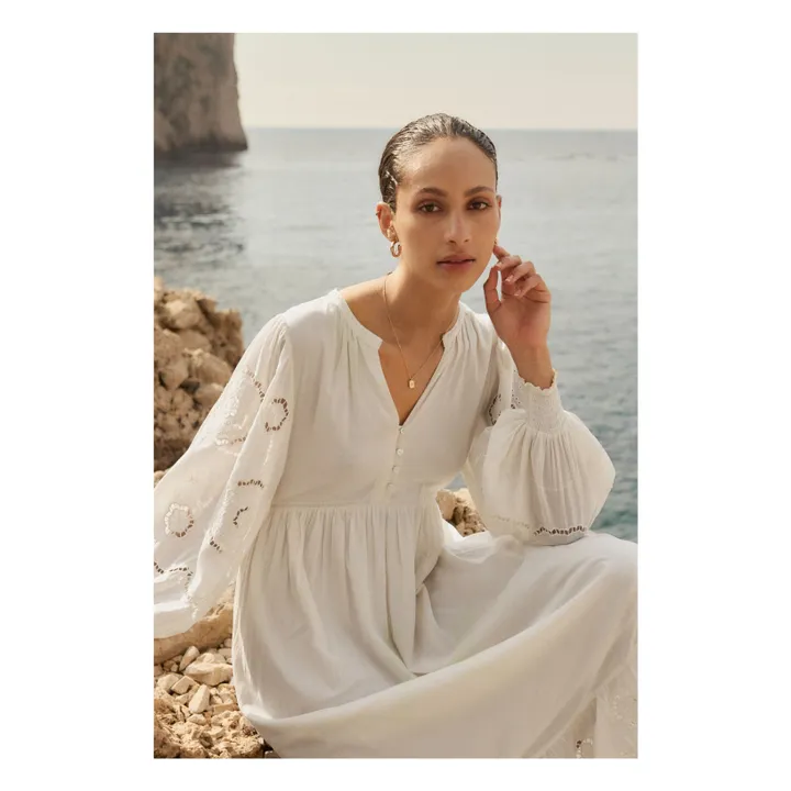 Alma Deia Robe Brodé Manches Longues en Coton Bio | Blanc cassé