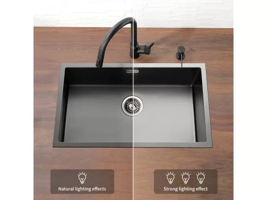 Lonheo Max Évier Cuisine1 Bac 74*44*20CM Évier Montage à Encastrer,à Fleur ou Sous-Plan Inoxydable 304 Évier avec Système Drainage, Noir,EU Modèle