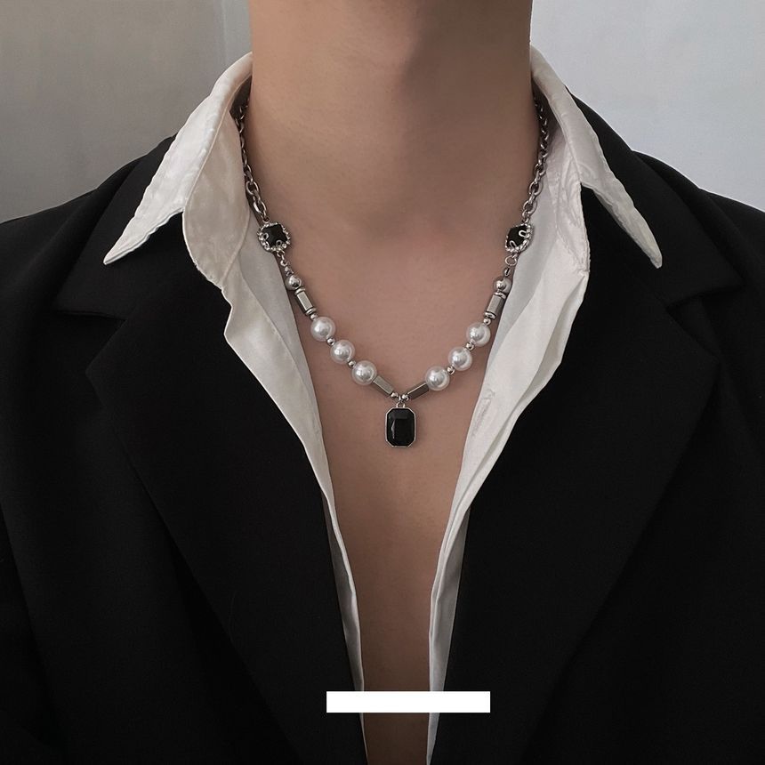 Lilafey - Ketting van roestvrij staal met imitatie-edelsteen en imitatie-parel