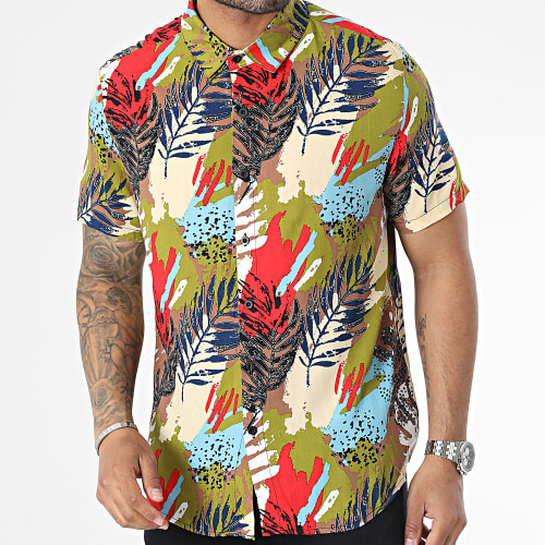 Chemise Manches Courtes Vert Kaki Marron Floral