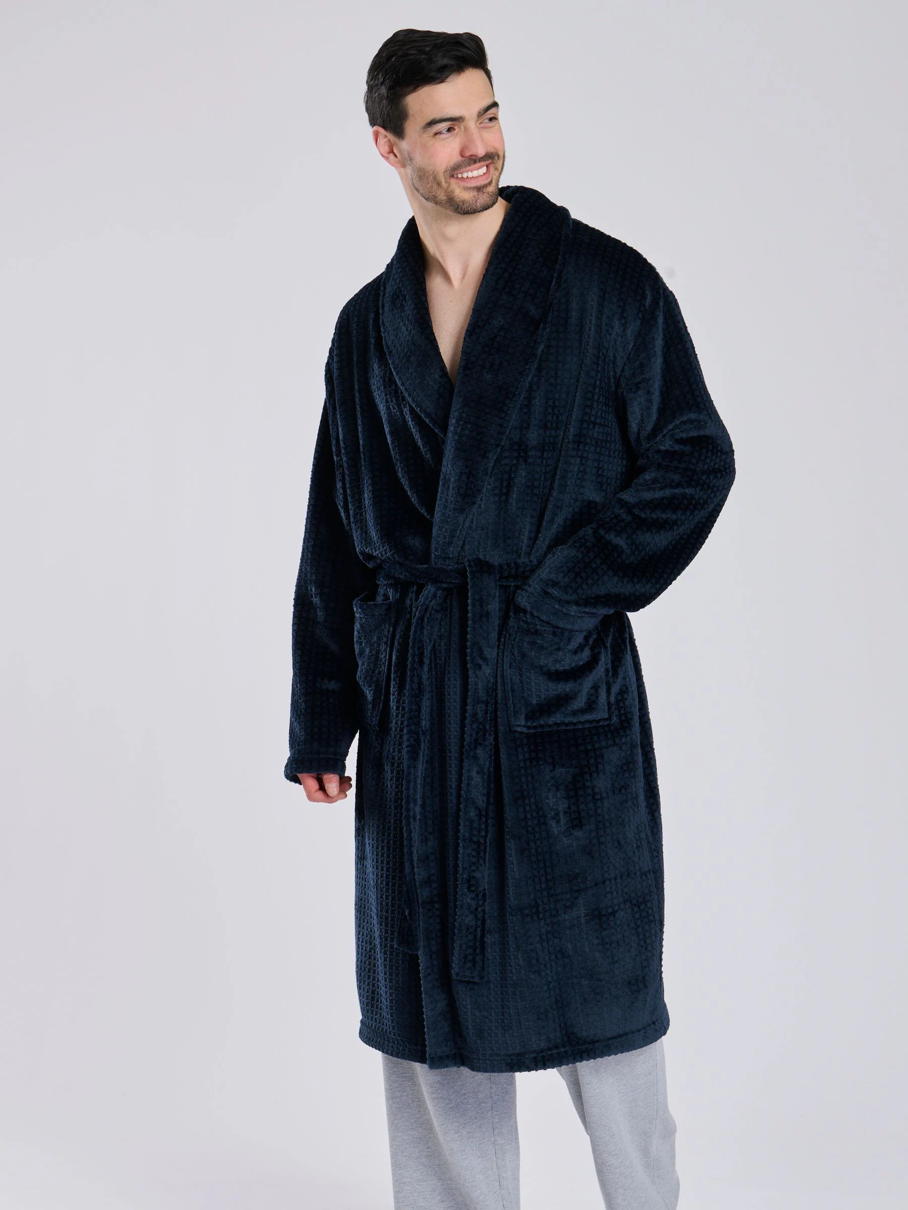 Blauw - Loungeable wafelstof fleece kamerjas met sjaalkraag