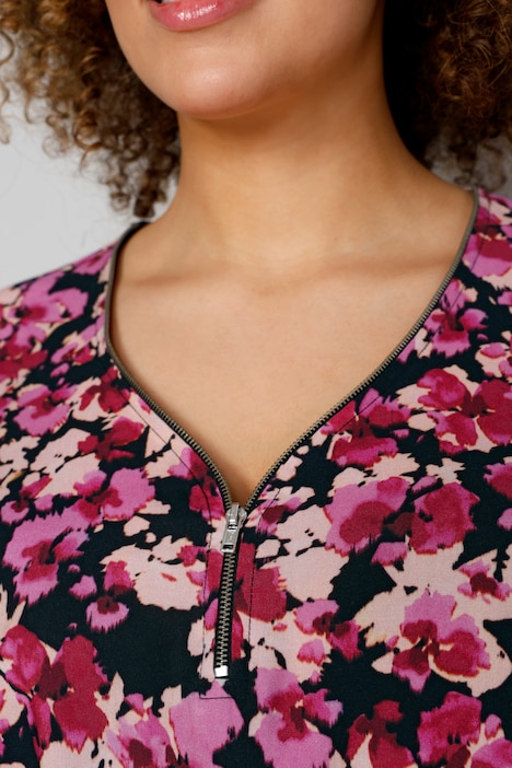 Tunika, Blumenmuster, V-Ausschnitt mit Zipper