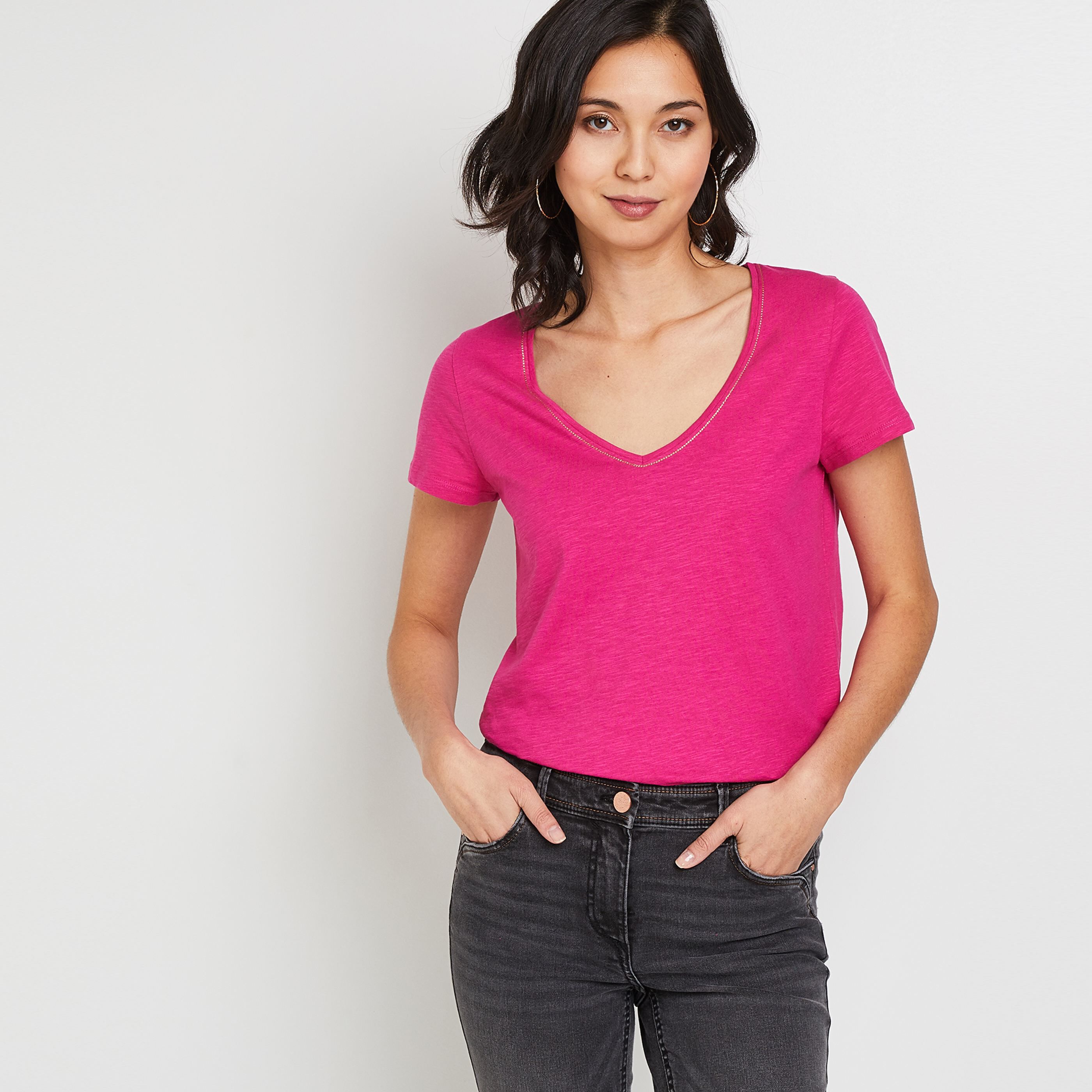 T-shirt manches courtes V femme - ROSE