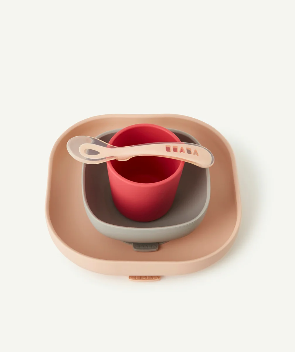 BEABACOFFRET REPAS EN SILICONE ROSE AVEC VENTOUSE