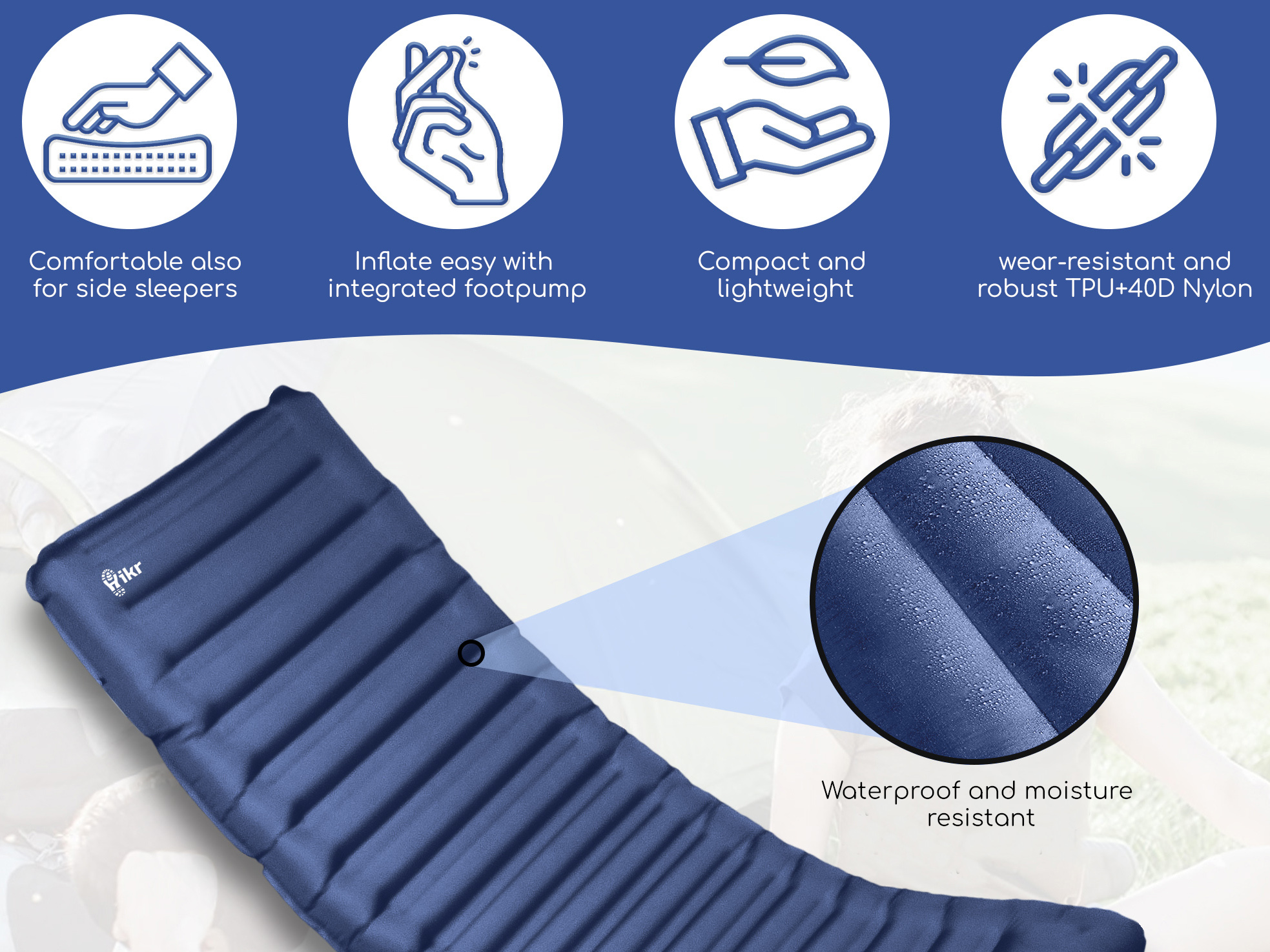 Hikr® 10cm+ slaapmat met ingebouwde voetpomp - Blue