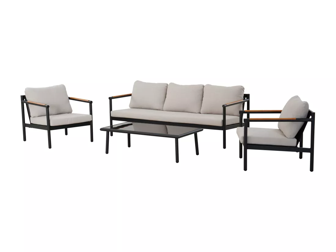 Salon de jardin en aluminium : un canapé 3 places, 2 fauteuils et une table basse - Noir coussins beiges - LAKIT de MYLIA