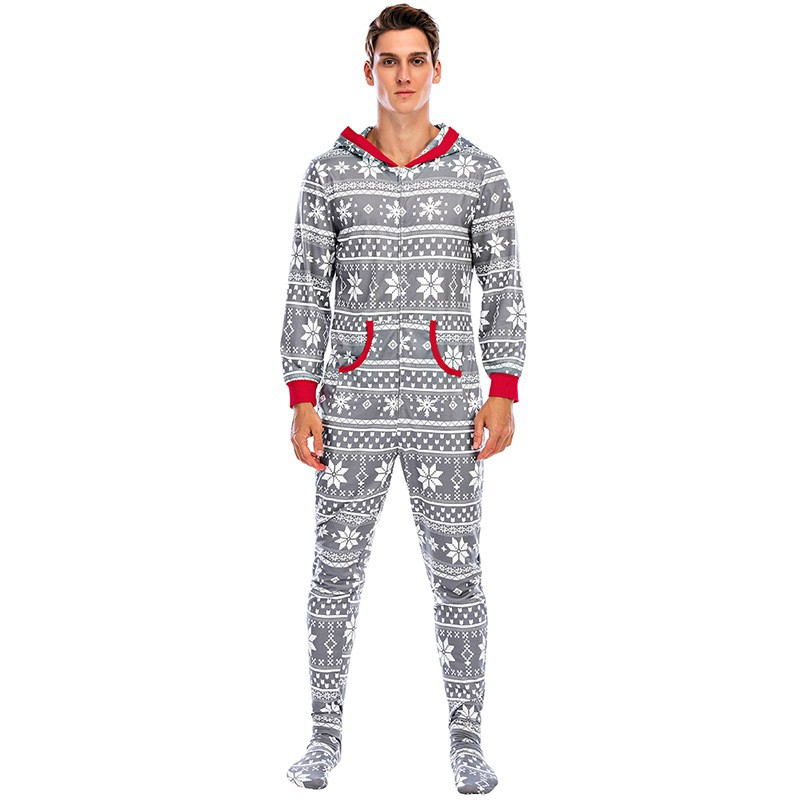 (Gr. XL) Herren Christmas Pyjama Overall Winter Jumpsuit mit Kapuze - Grau / Weiss / Rot