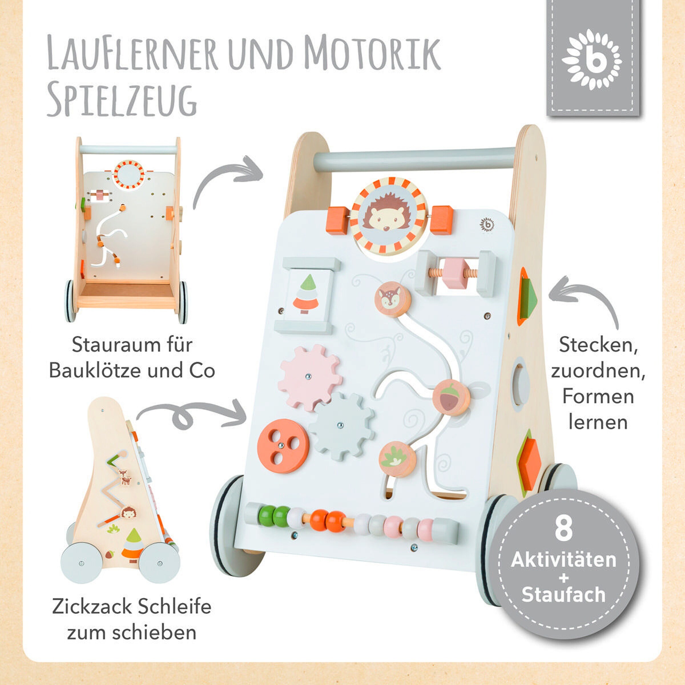 Bieco Lauflernwagen Holz mit Aktivitäten Weiß