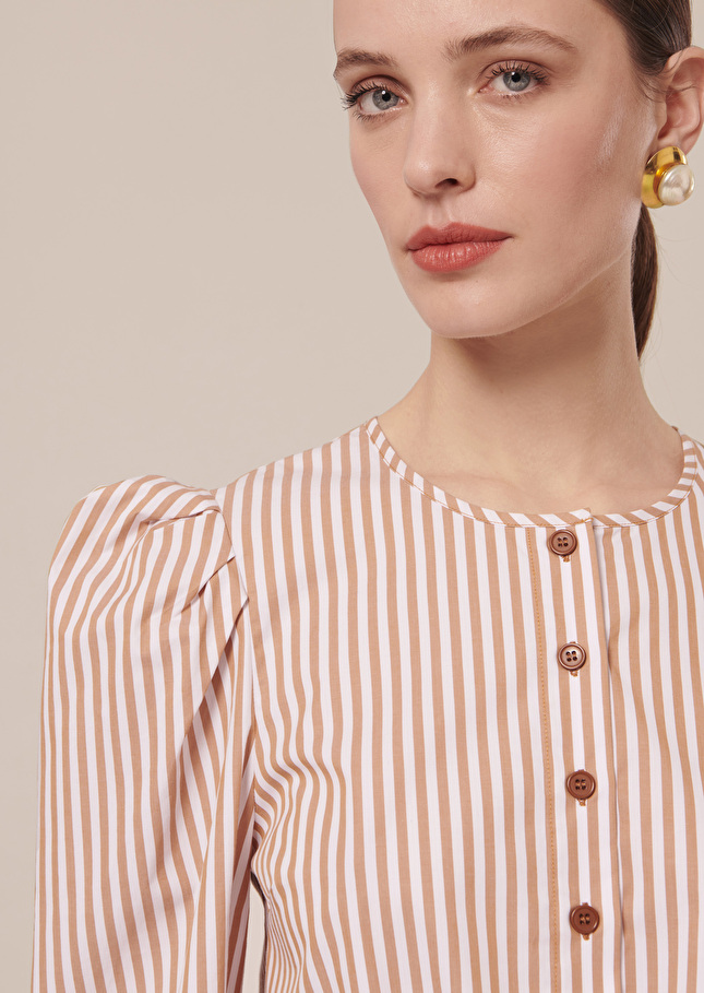 Chemise Cleoblanche à rayures marron en popeline