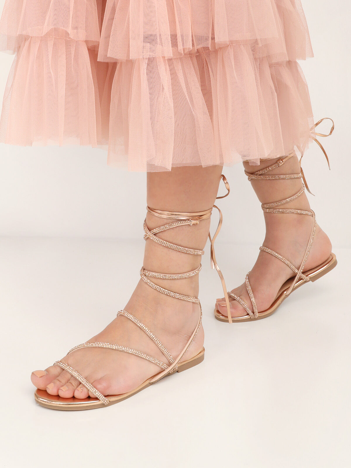 Sandales plates à lacets en strass- Doré rose