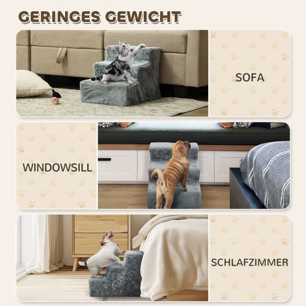 Hundetrapper 3-trinns 35 cm dyretrapper med plysj-utseende kattetrapper for sengesofa Katter opptil 5 kg lysegrå