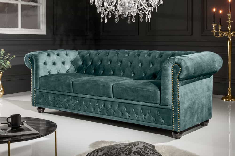 Chesterfield 3-Sitzer Sofa 205cm petrol Samt Federkern Goldnieten Knopfheftung