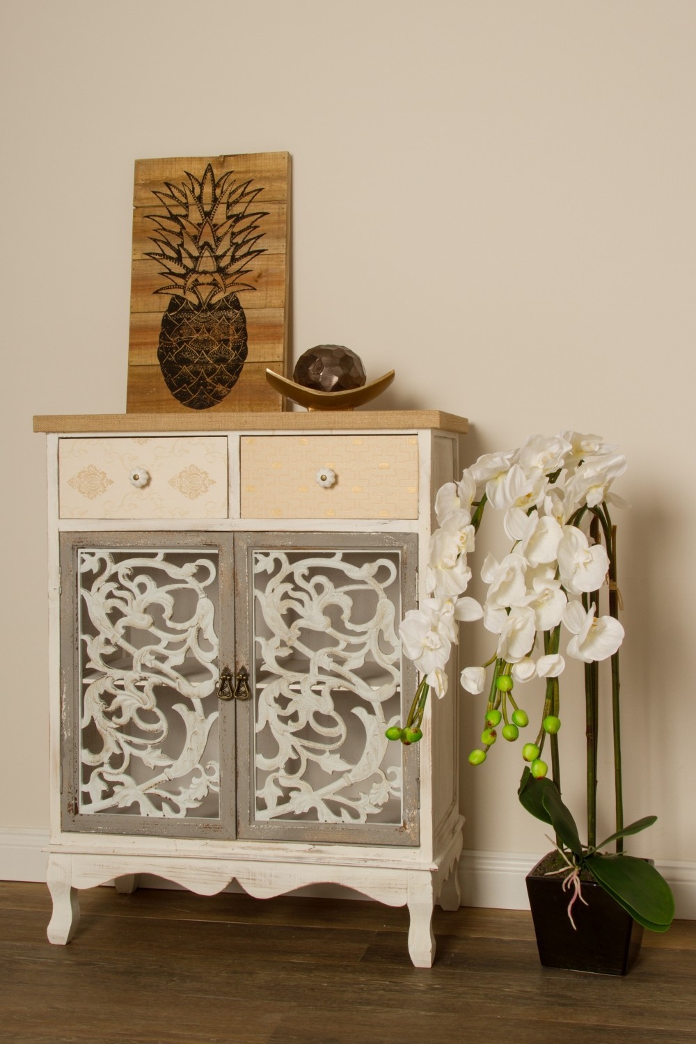 Kommode KIARA - weiß antik - grau - 68 cm breit