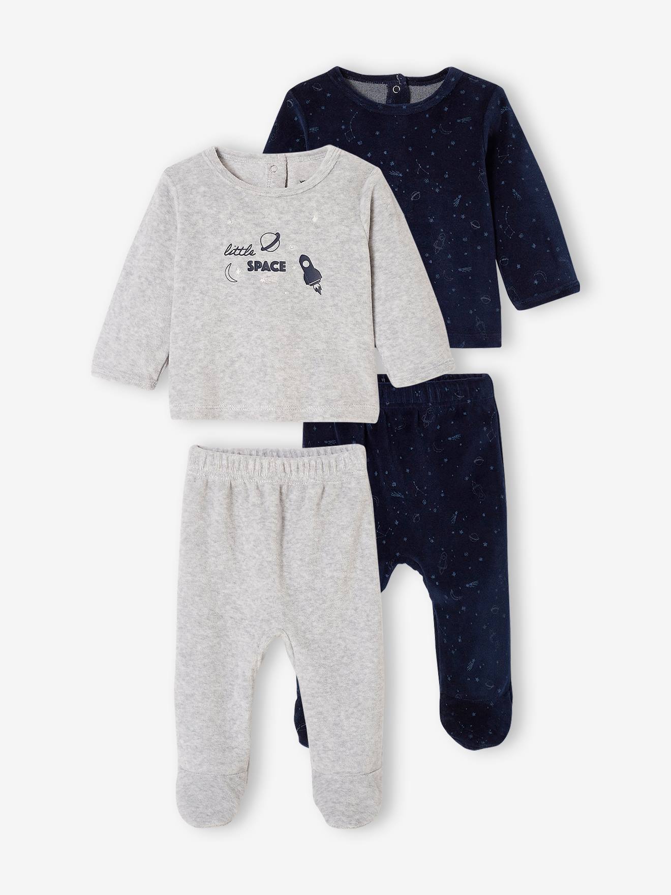 Conjunto de 2 pijamas de veludo com planetas fluorescentes, para bebê menino, azul escuro, bicolor/multicolorido