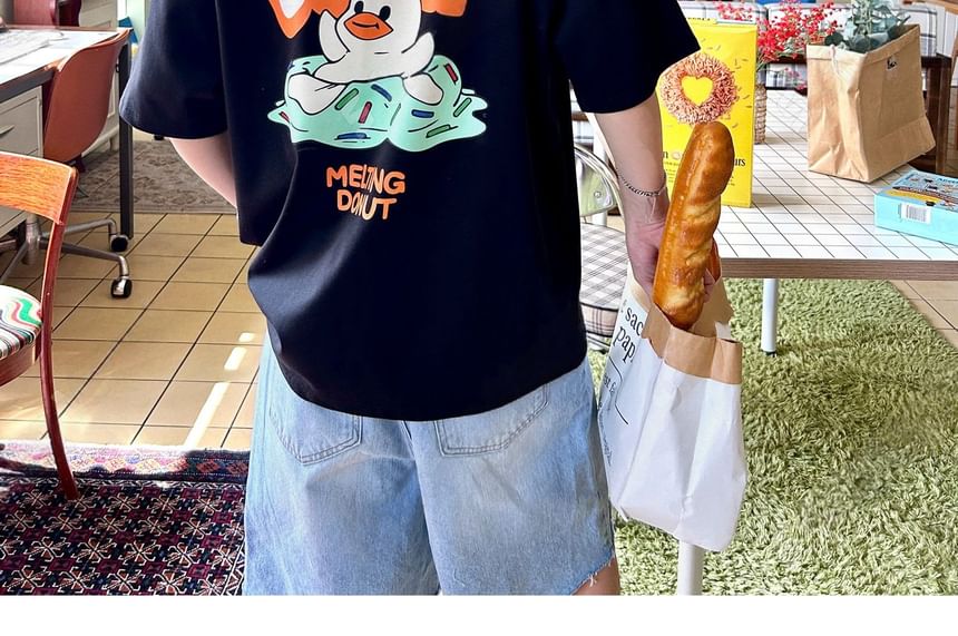 SeoulPop - T-shirt met korte mouwen en eendenprint, losvallend