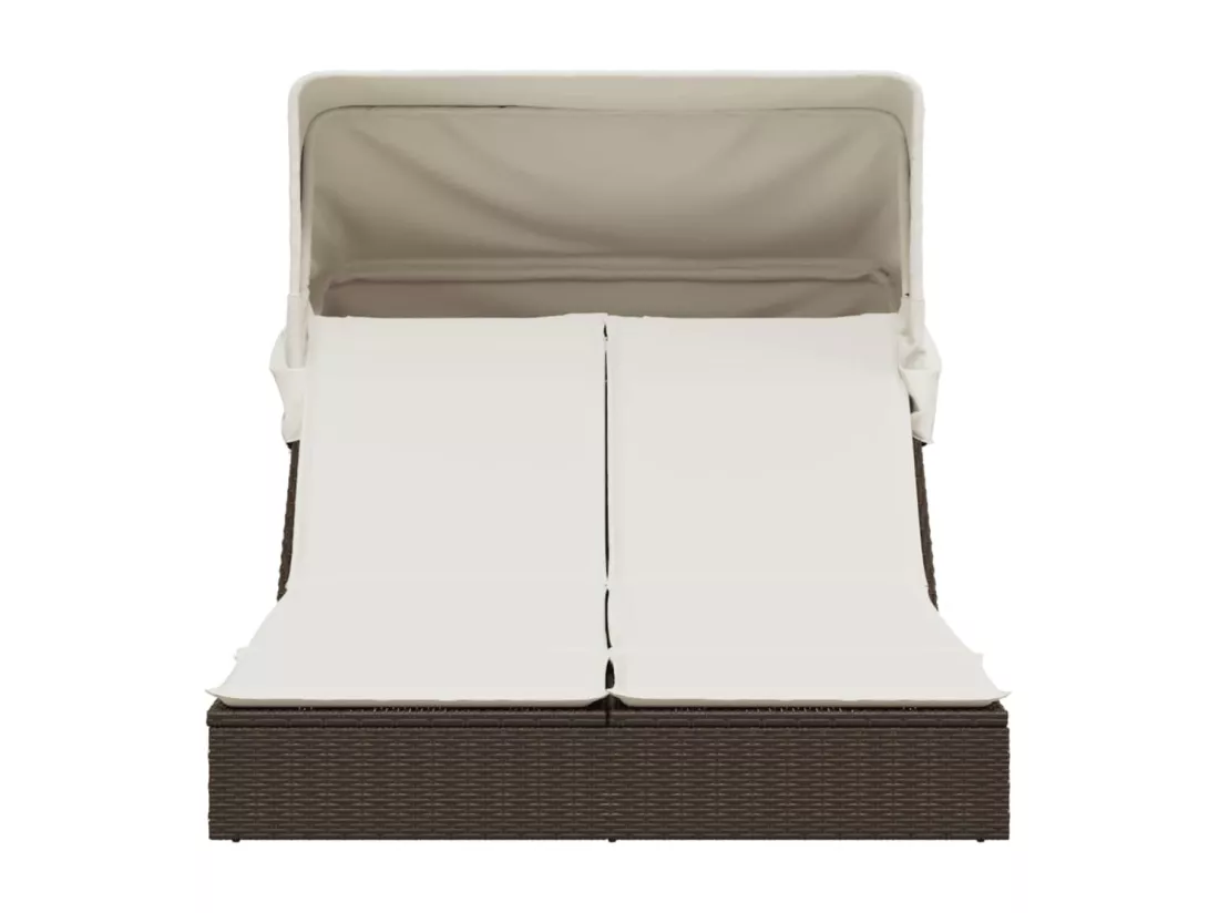 Chaise longue double avec auvent et coussins marron poly rotin