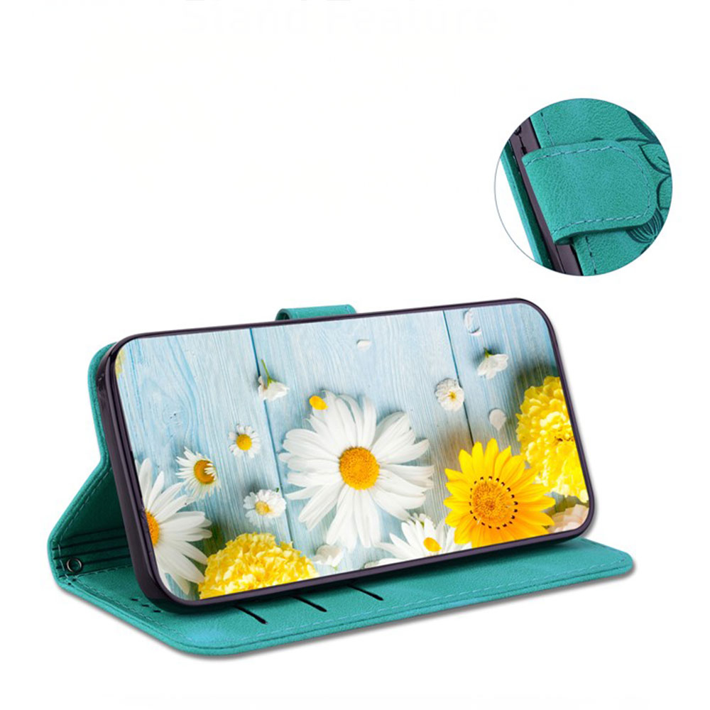 Samsung Galaxy S25  Plus Leder Tasche Wallet - Blumen Imprint - Türkis