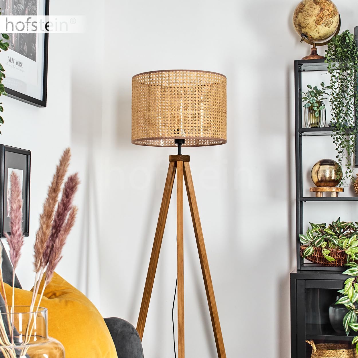 Stehleuchte Barcos, Stehlampe aus Holz/Wiener Geflecht/Rattan in Naturfarben/Schwarz, Leuchte im skandinavischen Design mit rundem Schirm (Ø 40cm) u. Fußschalter, Höhe 154cm, 1x E27, ohne Leuchtmittel