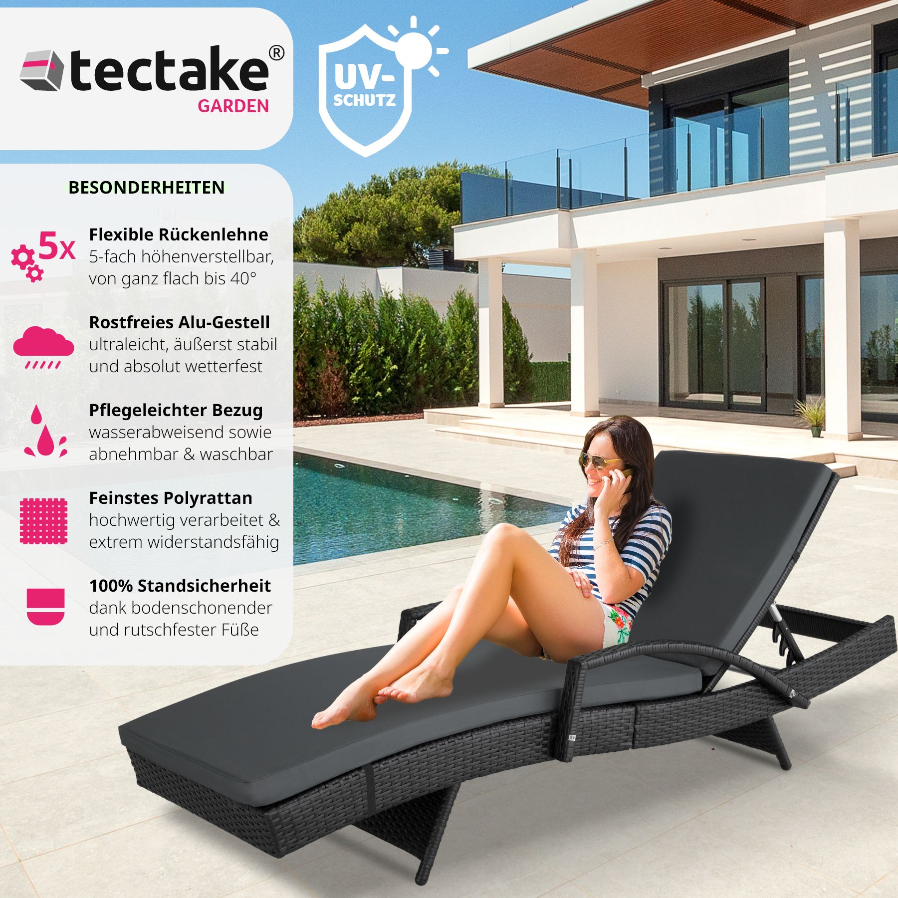 tectake® Rattan Sonnenliege, mit Aluminiumgestell, UV-beständig, 190 x 62 x 34 – 74,5 cm