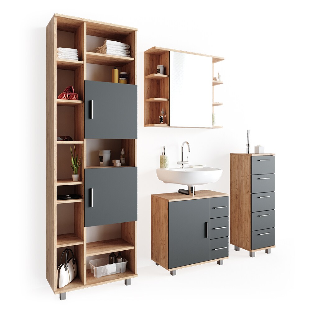 VICCO Badmöbel Set ILIAS Eiche Anthrazit Spiegel Kommode Unterschrank Badschrank