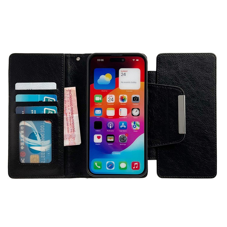 iPhone 16 Pro 2in1 Leder Tasche mit 7 Kartenfächern   Münzfach   Magnetische Schutzhülle - Schwarz