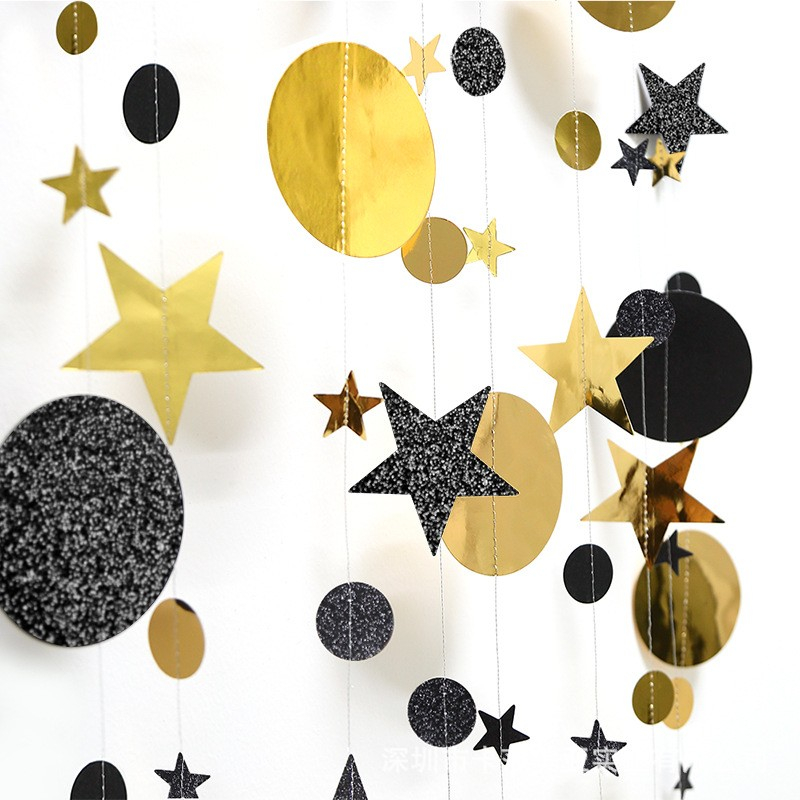 (4m) Girlande Glitzer / Glanz Kreise und Sterne Party Dekoration Accessoire - Gold / Schwarz