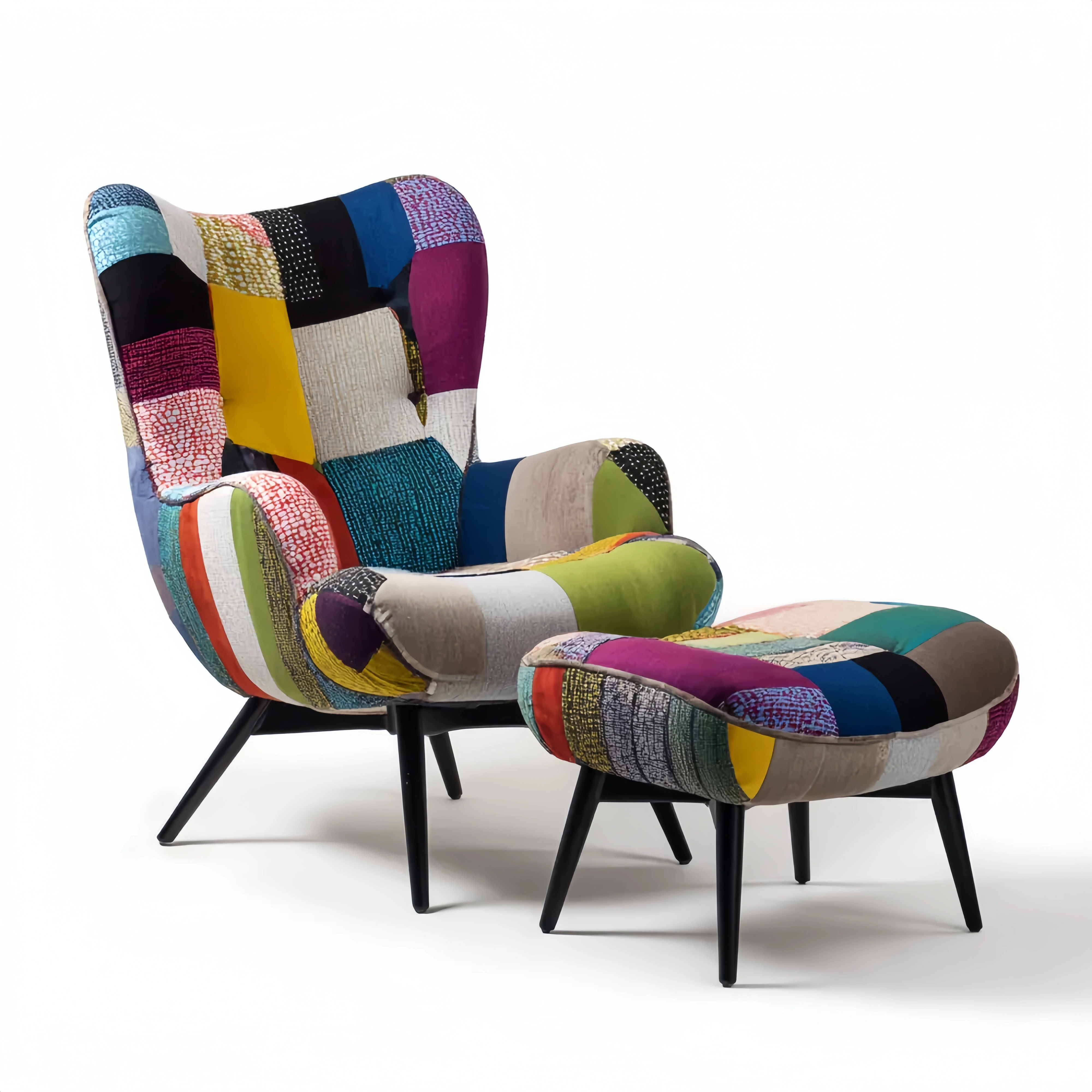 Lounge Sessel Patchwork Stoffbezug 75x85x100 cm mit Fußhocker 55x40x35
