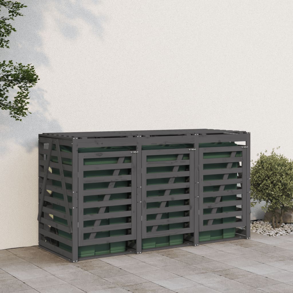 Abri pour poubelle triple sur roulettes gris bois massif de pin