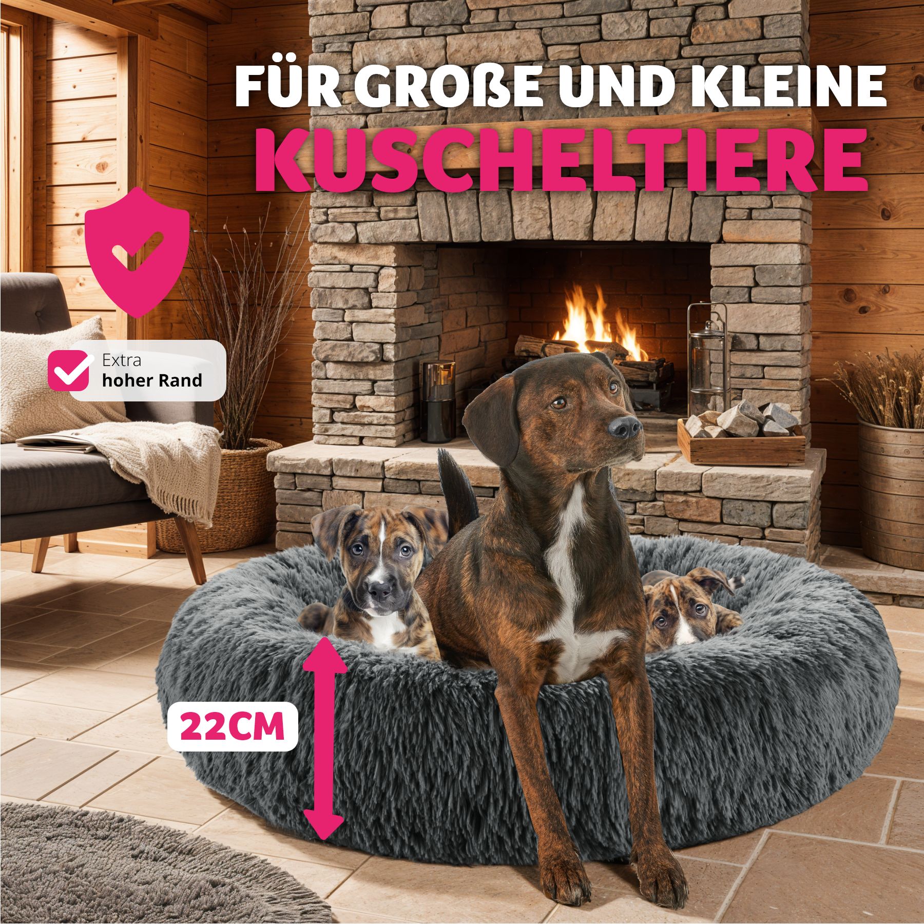 tectake® Hundebett, rund mit langem Plüsch, rutschfeste Unterseite, waschbar
