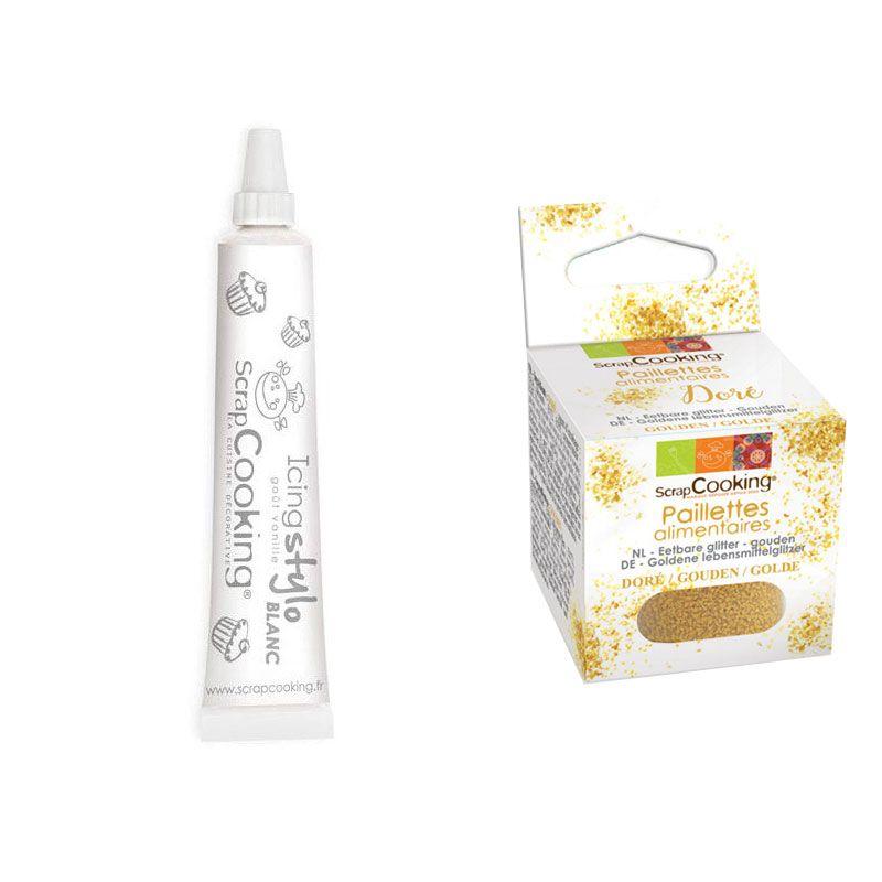 Stylo glaçage blanc goût vanille + paillettes dorées Scrapcooking