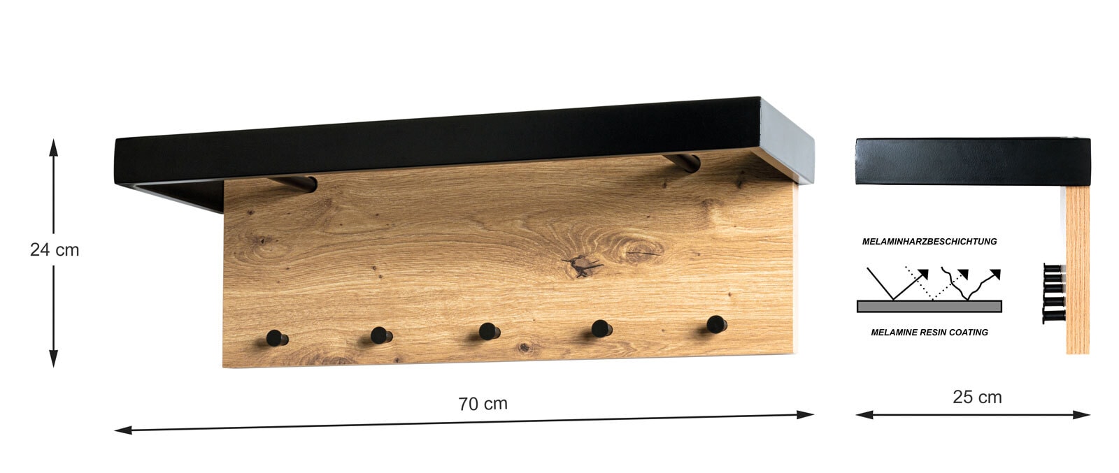 Wandgarderobe 70 x 24 cm Schwarz/ Eiche