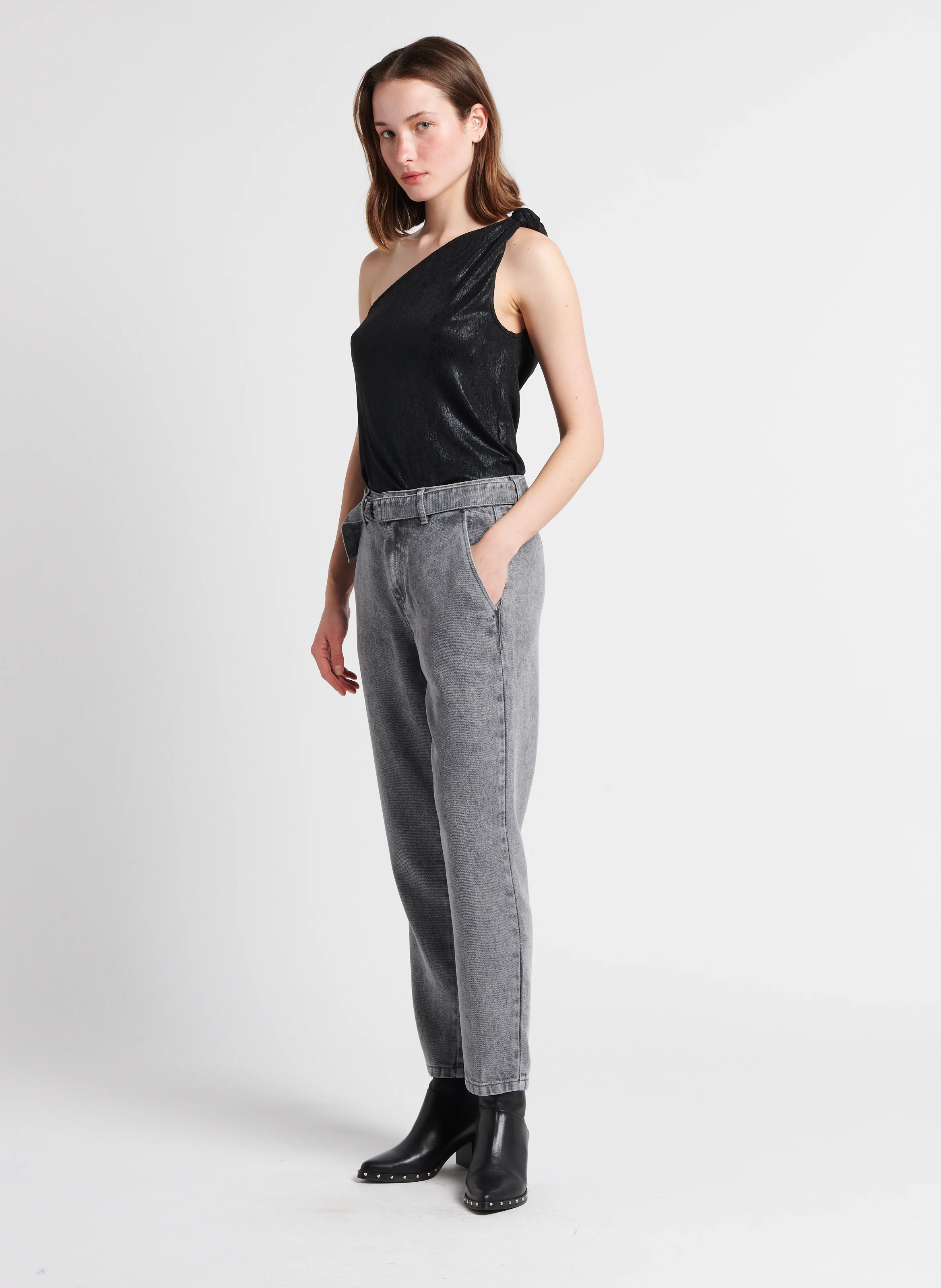 Jean baggy cropped taille haute délavé | Gris