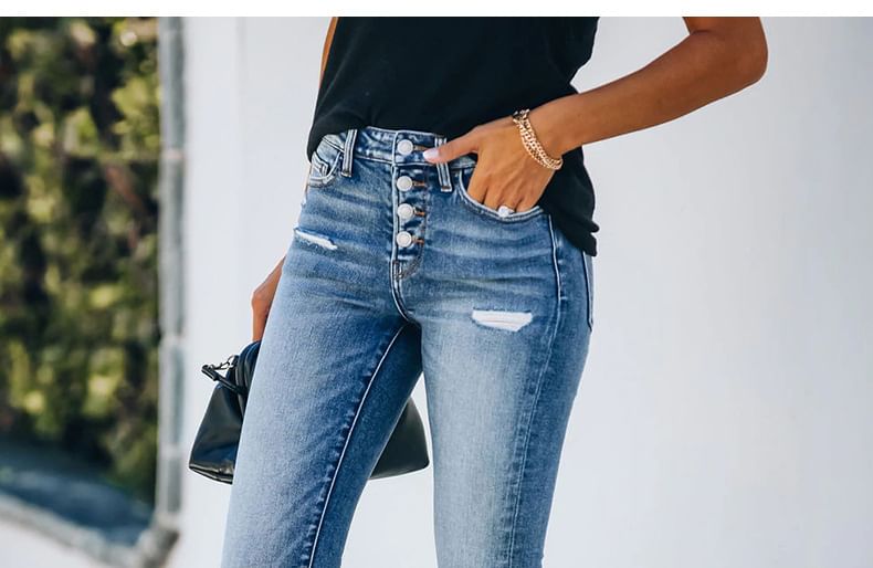 PERKARP - Skinny jeans met middelhoge taille, knoopsluiting en distressed wash