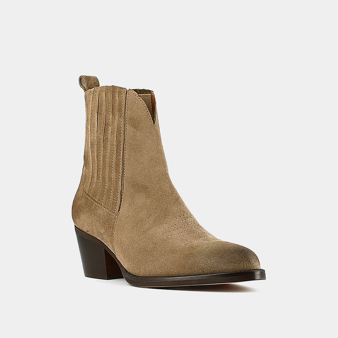 Boots pointus à talons et surpiqûres  en croute taupe