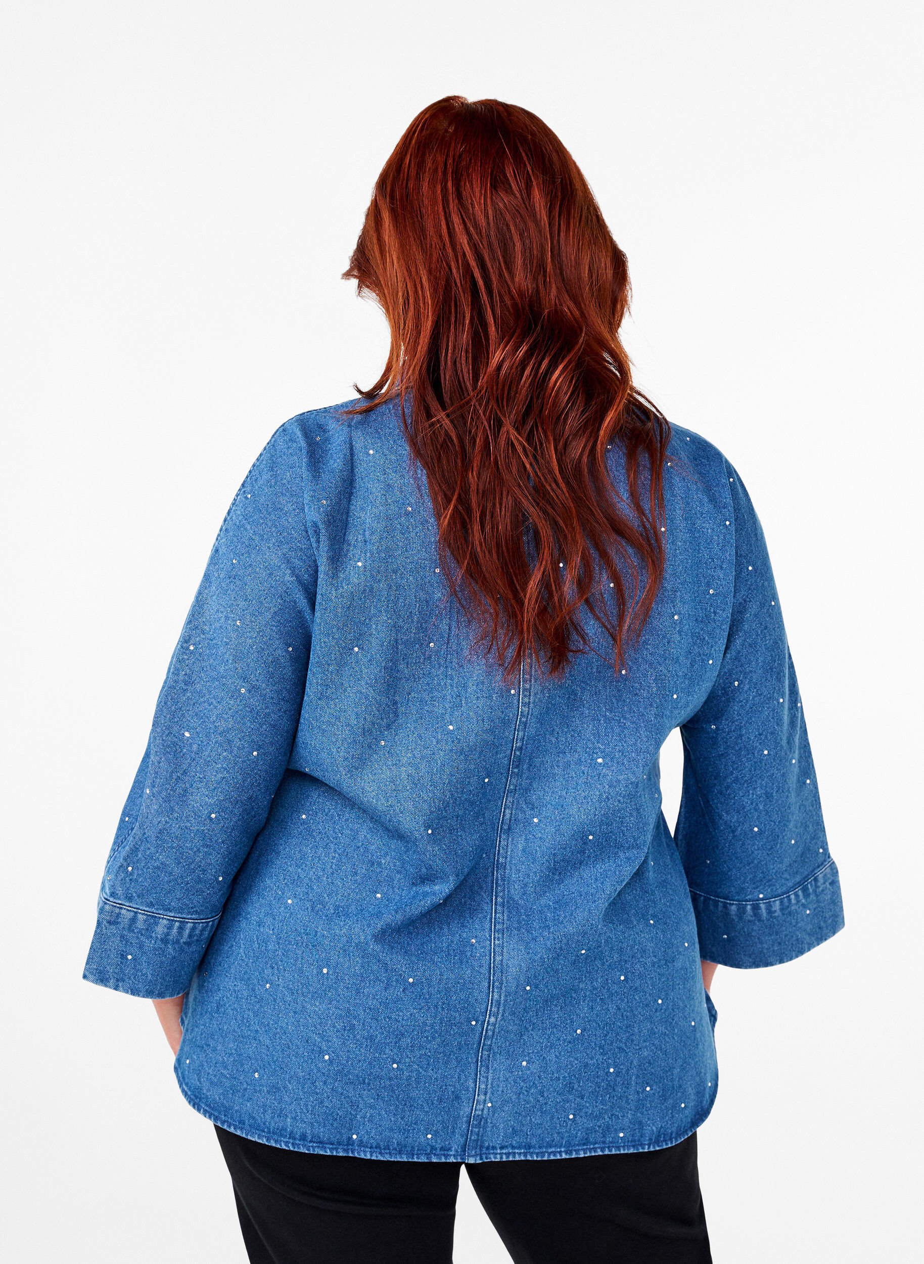 Denimskjorte med rhinsten og 3/4 ærmer