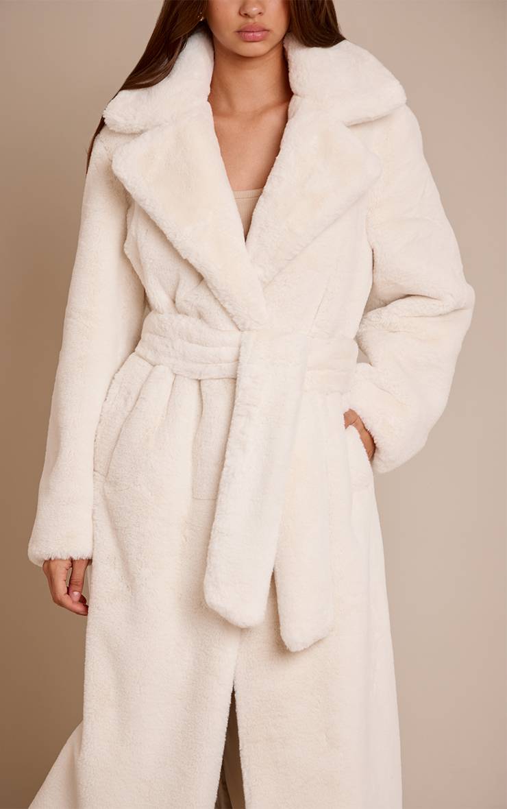 Crème Manteau Long En Synthétique Avec Ceinture À Nouer