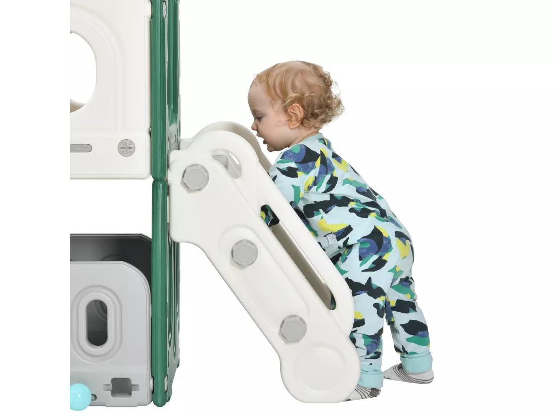 Toboggan en forme de château avec escalade, tunnel, espace de rangement et panier de basket - vert